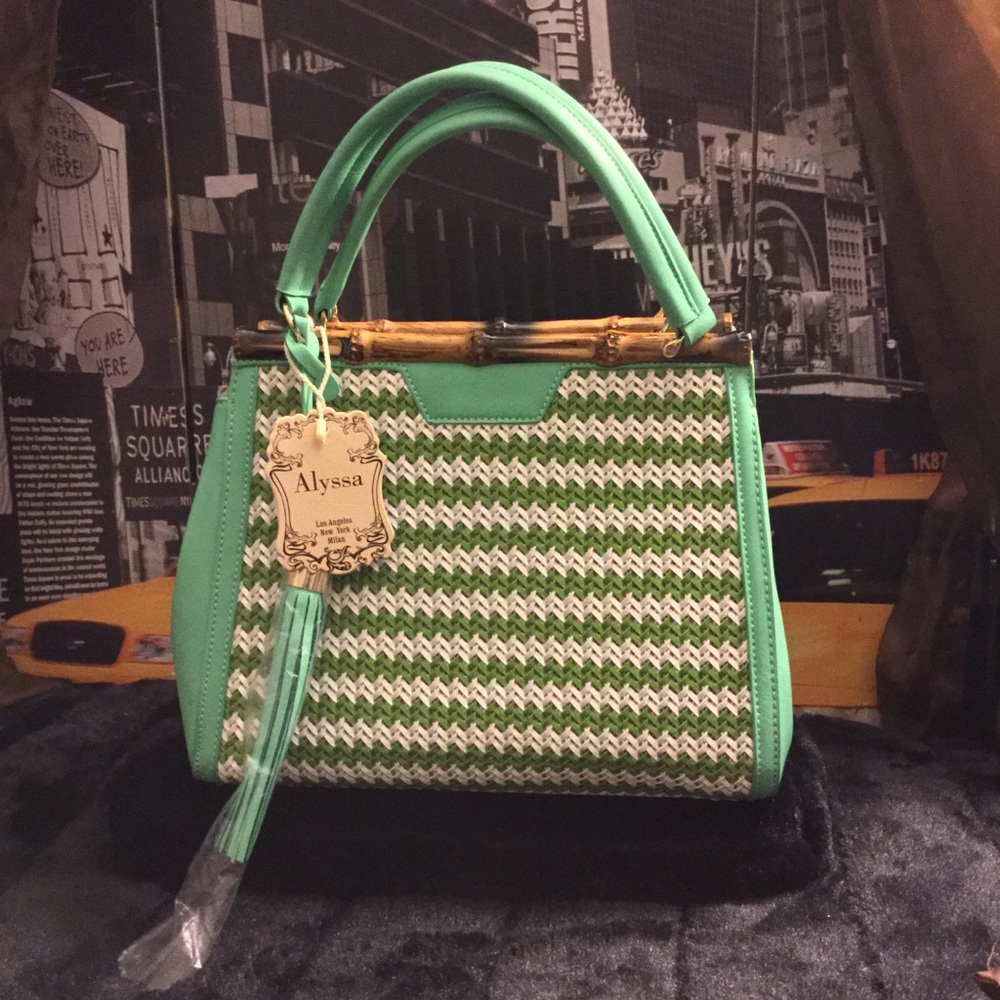 Mint and white woven vegan leather handbag